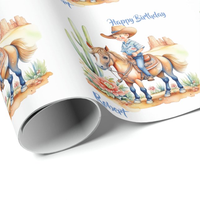 Western Cowboy on Horse Personalized Birthday Wrapping Paper (Roll Corner)