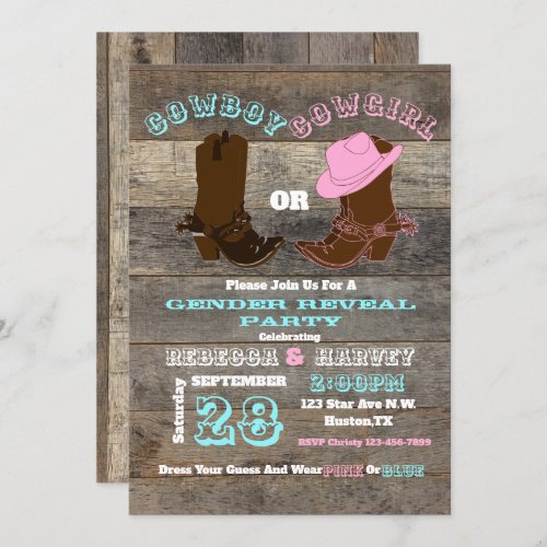 western cowboy or cowgirl gender reveal party invitation
