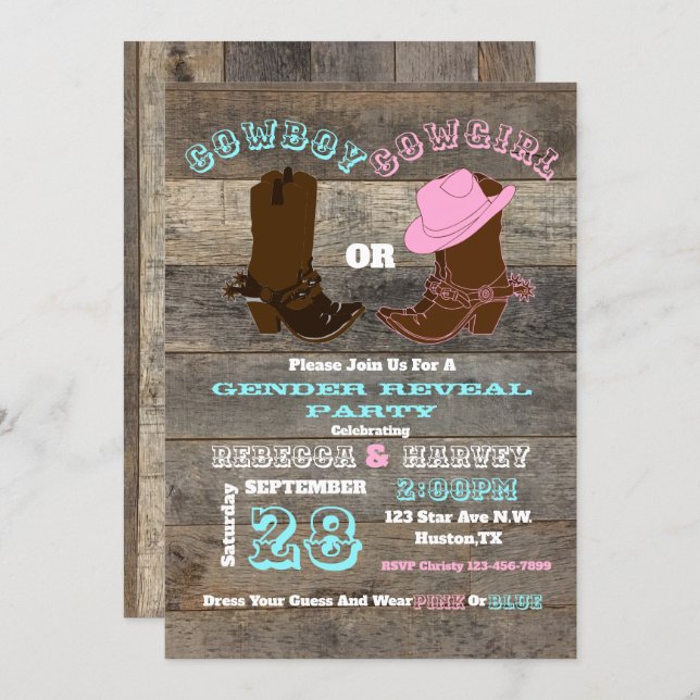 western cowboy or cowgirl gender reveal party invitation (Front/Back)