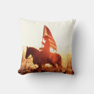 Western - cowboy portrait with USA flag Throw Pillow