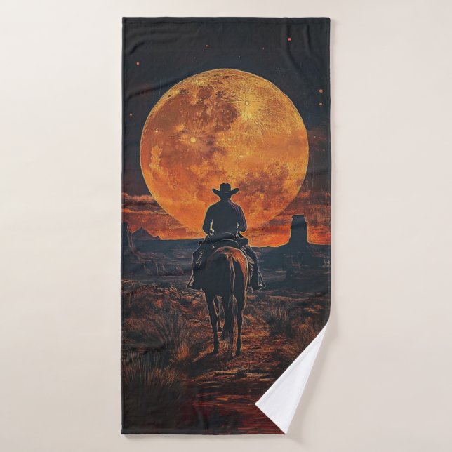 Western Cowboy Riding To Orange Setting Moon  Bath Towel Set (Bath Towel)