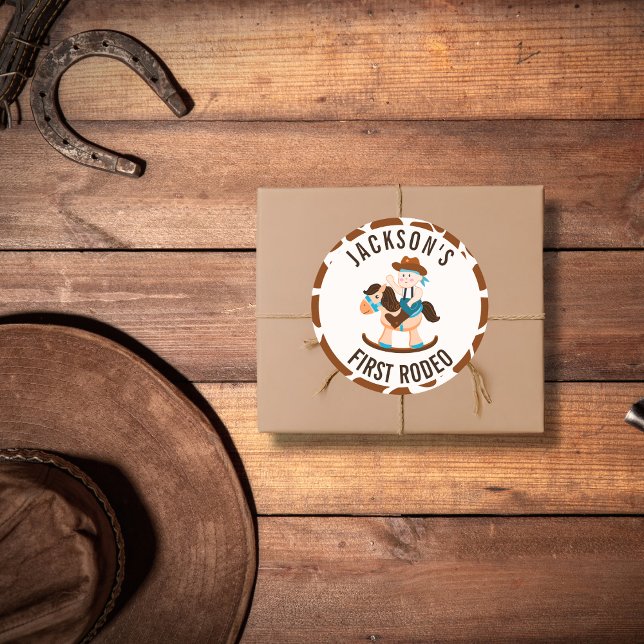 Western Cowboy Rocking Horse Boy Birthday Classic Round Sticker (Creator Uploaded)