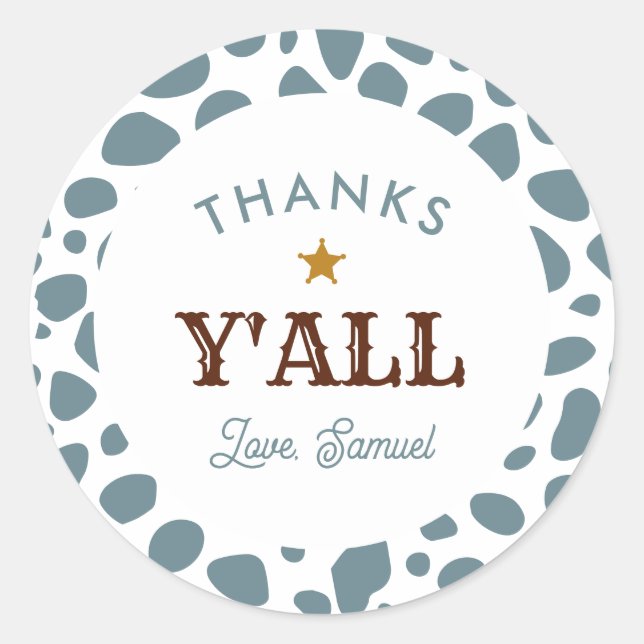 Western Cowboy Rodeo Birthday Blue Thank You  Classic Round Sticker (Front)