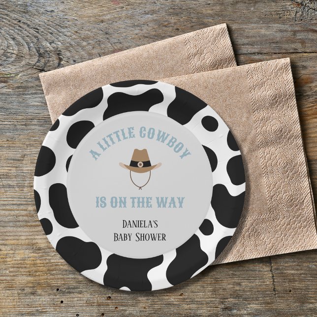 Western Cowboy Rodeo Cow Print Boy Baby Shower Paper Plates (little cowboy baby shower paper plates cowprint western wild west)