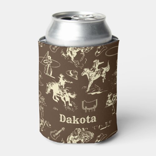 Western Cowboy Rodeo Personalized Dark Brown Can Cooler