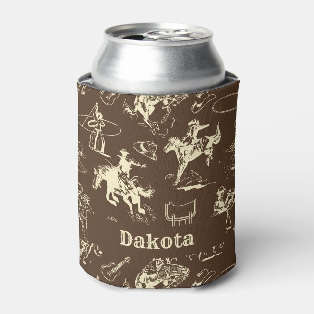 Western Cowboy Rodeo Personalized Dark Brown Can Cooler (Can Front)