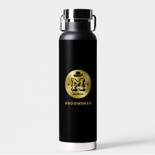 Western Cowboy Rustic Blue Gold Monogram Groomsmen Water Bottle