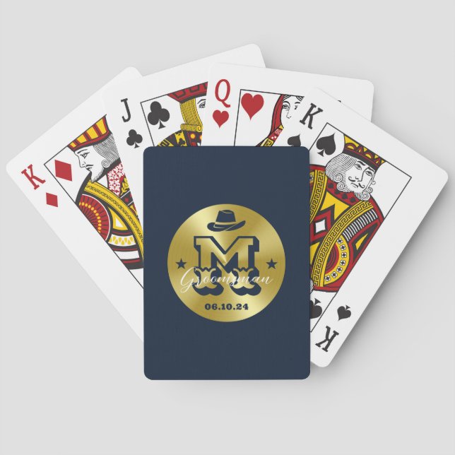 Western Cowboy Rustic Gold Monogram Groomsmen Poker Cards (Back)