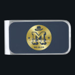 Western Cowboy Rustic Gold Navy Monogram Groomsmen Silver Finish Money Clip<br><div class="desc">Personalized gifts for groomsmen with western cowboy theme. Decorated with cowboy hat with vintage western font. Text and color are editable using the Design Tool to fit your occasion. Get this customize gift for wedding,  bachelor party,  engagement party or any other special occasions.</div>