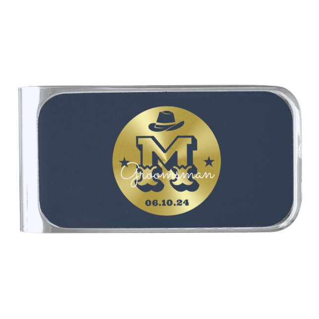 Western Cowboy Rustic Gold Navy Monogram Groomsmen Silver Finish Money Clip (Front)