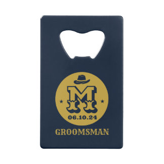 Western Cowboy Rustic Groomsmen Name Monogram Credit Card Bottle Opener
