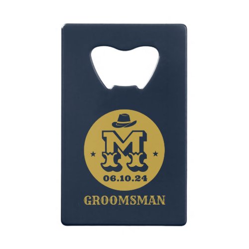 Western Cowboy Rustic Groomsmen Name Monogram Credit Card Bottle Opener