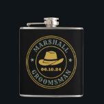 Western Cowboy Rustic Logo Personalized Groomsmen Flask<br><div class="desc">Personalized gifts for groomsmen with western cowboy theme. Decorated with cowboy hat with vintage western font. Text and color are editable using the Design Tool to fit your occasion. Get this customize gift for wedding,  bachelor party,  engagement party or any other special occasions.</div>
