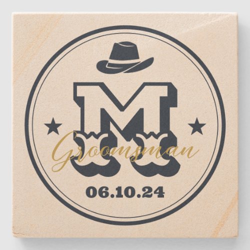 Western Cowboy Rustic Monogram Best Man Groomsmen Stone Coaster