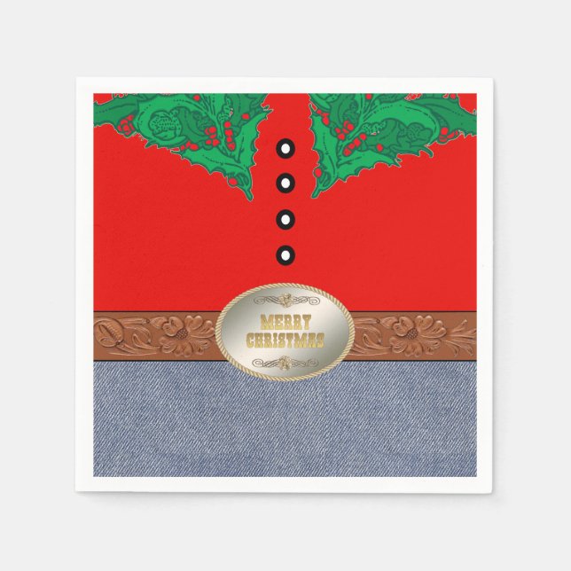 Western Cowboy Santa Belt Buckle Red Shirt Jeans Napkins (Front)