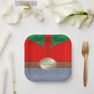 Western Cowboy Santa Belt Buckle Red Shirt Jeans Paper Plates