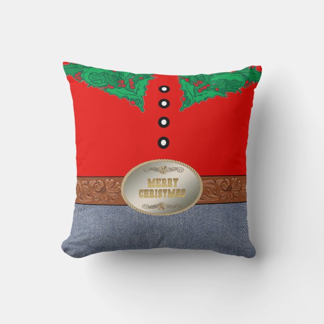 Western Cowboy Santa Belt Buckle Red Shirt Jeans Throw Pillow (Front)