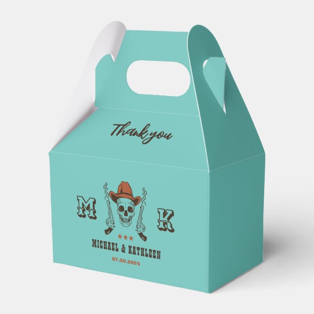 Western Cowboy Skull Monogram Boho Country Wedding Favor Boxes (Front Side)
