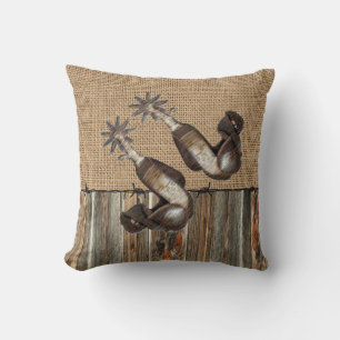 Western Cowboy Spurs Burlap Barn wood Barbed Wire Throw Pillow