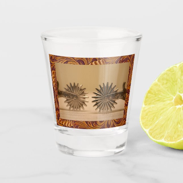 Western Cowboy Spurs Faux Leather Trim Shot Glass (Front)