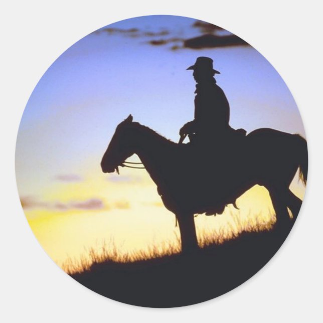 Western Cowboy Sunset Silhouette Classic Round Sticker (Front)
