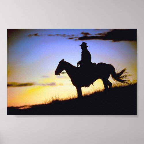 Western Cowboy Sunset Silhouette Poster