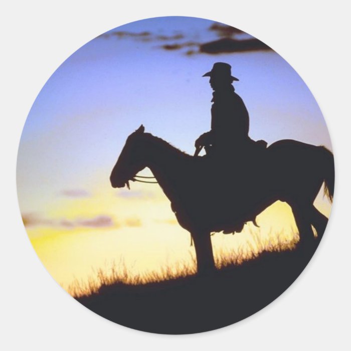 Western Cowboy Sunset Silhouette Round Stickers