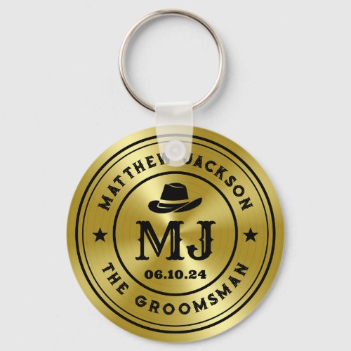 Western Cowboy Vintage Gold Monogram Groomsmen Keychain