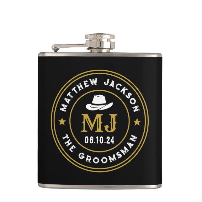 Western Cowboy Vintage Logo Personalized Groomsmen Flask (Front)