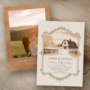 Western Cowboy Vintage Ranch Barn Wedding Photo Invitation