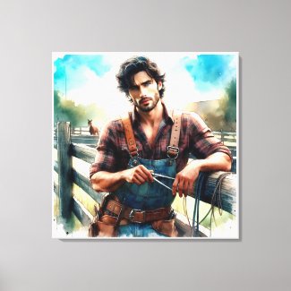 Western Cowboy Watercolor Stretched Canvas Print