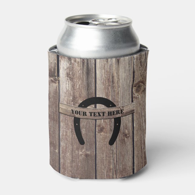 Western Cowboy Weathered Barn Wood Horseshoe Can Cooler (Can Front)