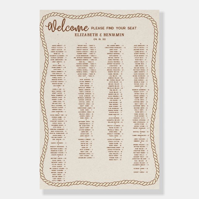 Western Cowboy Wedding Alphabetical Seating Chart Foam Board (Front)