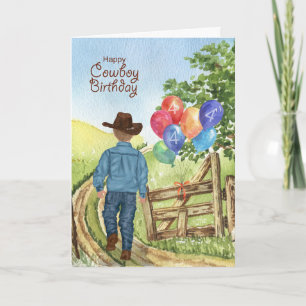 Western Cowboy with Balloon Boy's 4th Birthday Card