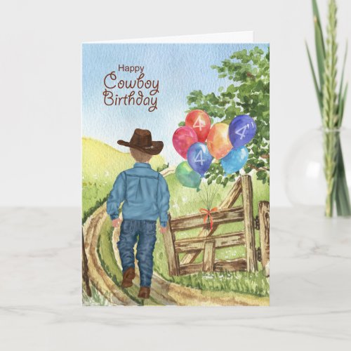 Western Cowboy with Balloon Boys 4th Birthday Card