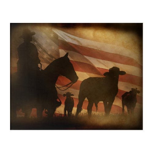 Western Cowboy with Horse and Flag Rustic Acrylic Print