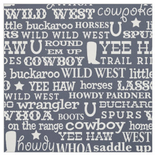 Western Cowboy Word Pattern on Dark Blue Fabric