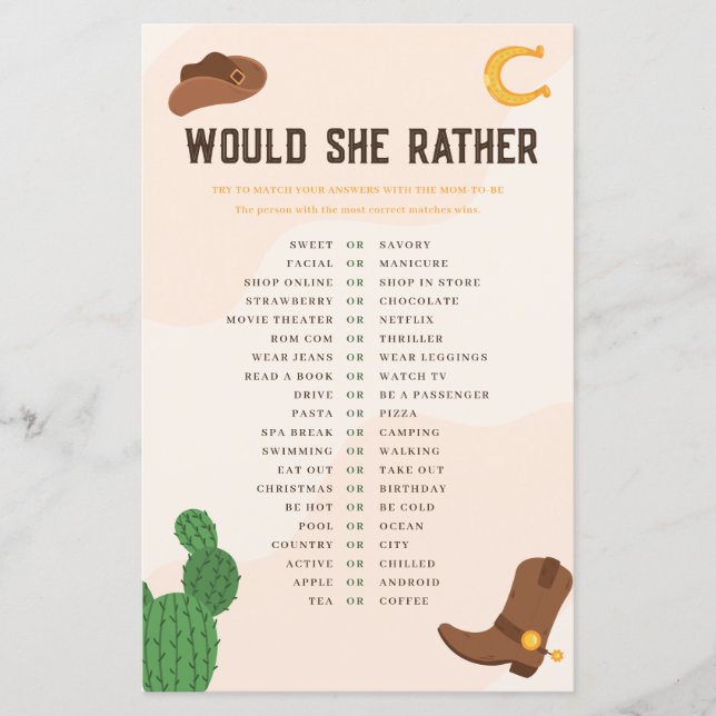 Western Cowboy  Would She Rather Baby Shower Game (Front)