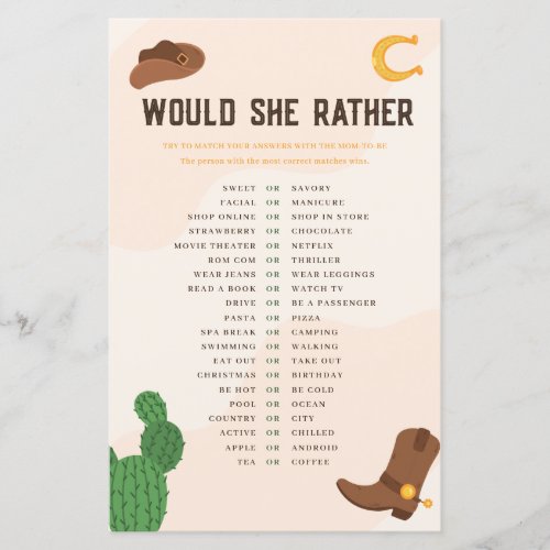 Western Cowboy  Would She Rather Baby Shower Game