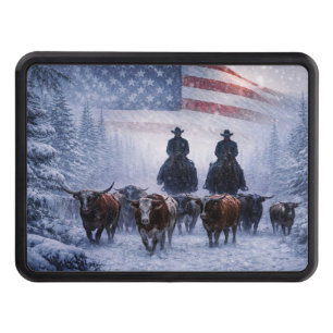 Western Cowboys Cattle Snow American Flag Hitch Cover