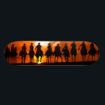 Western Cowboys sunset wild west Skateboard deck<br><div class="desc">Western Cowboys sunset wild west Skateboard deck art design by artist Rick Short of a group of cowboys riding off into the sunset behind an orange western sunset.</div>