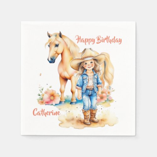 Western Cowgirl and Horse Personalized Birthday Napkins