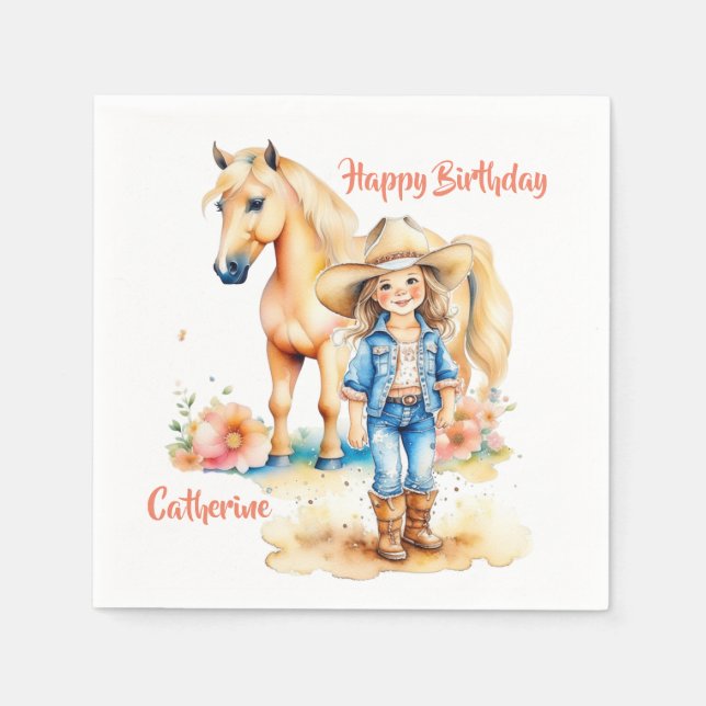 Western Cowgirl and Horse Personalized Birthday Napkins (Front)