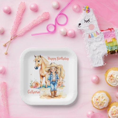 Western Cowgirl and Horse Personalized Birthday Paper Plates
