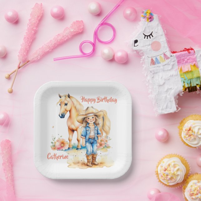 Western Cowgirl and Horse Personalized Birthday Paper Plates (Party)