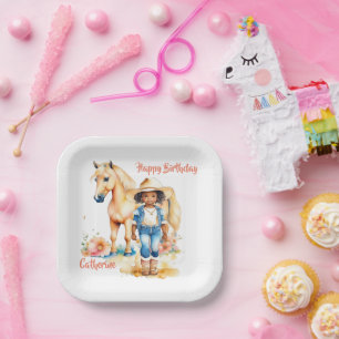 Western Cowgirl and Horse Personalized Birthday Paper Plates
