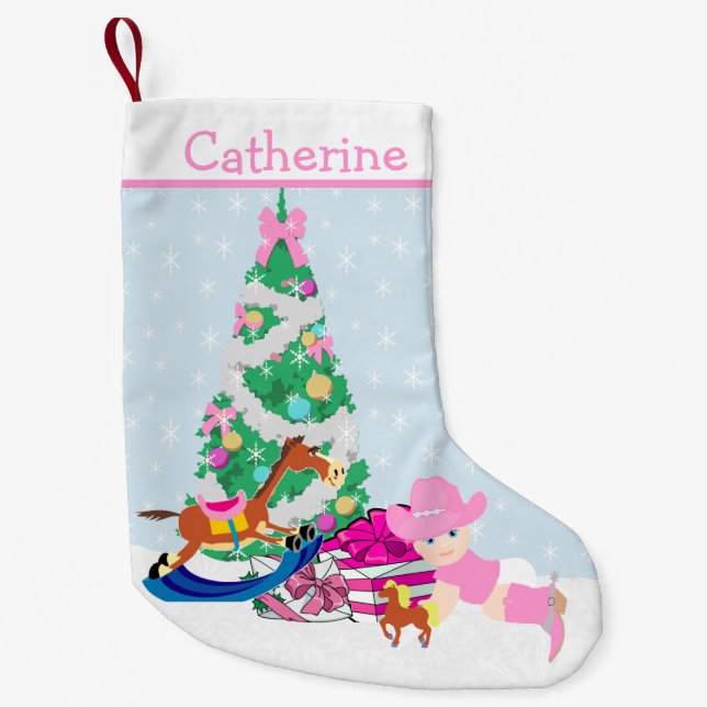Western Cowgirl Baby Christmas Tree Scene Small Christmas Stocking (Front)
