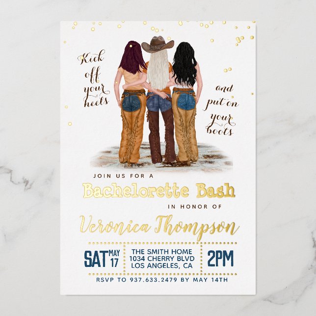 Western Cowgirl Bachelorette Bridal Shower Foil Invitation (Front)