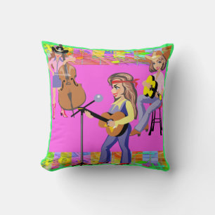 Western Cowgirl Band Singer and Guitars Throw Pillow