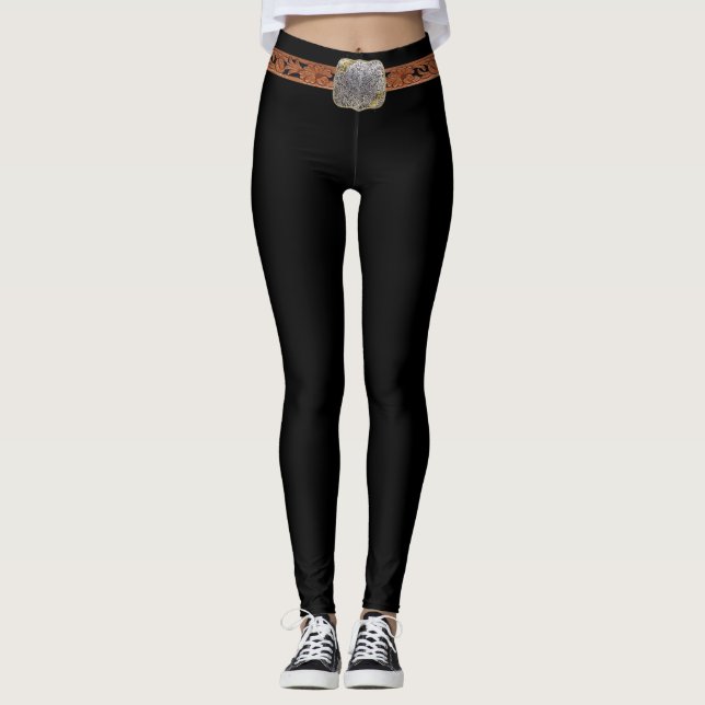 Western Cowgirl Belt and Buckle Print Black Leggin Leggings (Front)